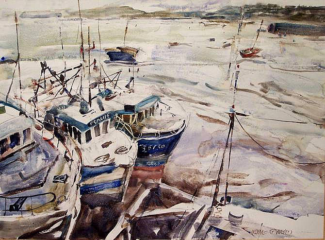 aquarelle, Cancale,  flottille de pêche à mareée basse, (Bretagne)
