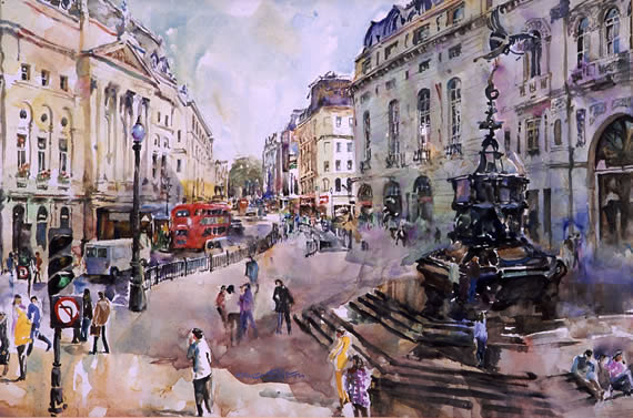 watercolour painting of Piccadilly Circus, London, by Wayne Roberts