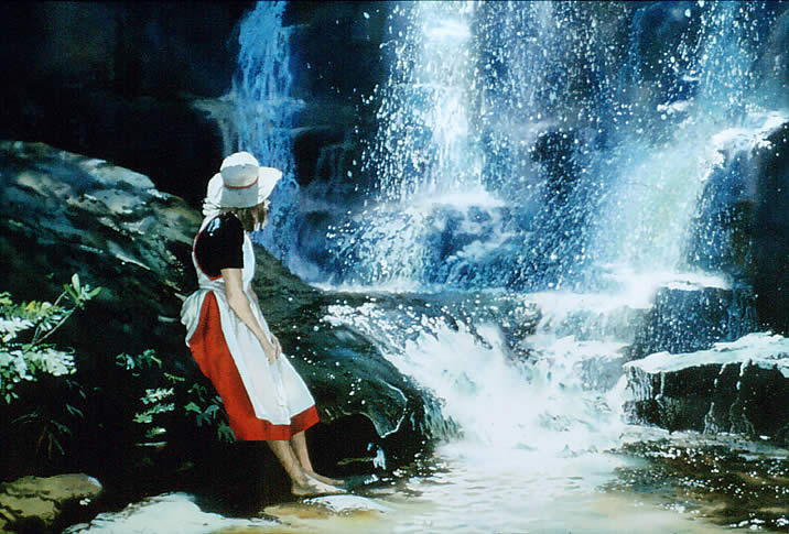 Linda with Empress Falls, watercolour by Wayne Roberts