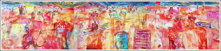Beach through Tangerine, acrylic triptych on canvas