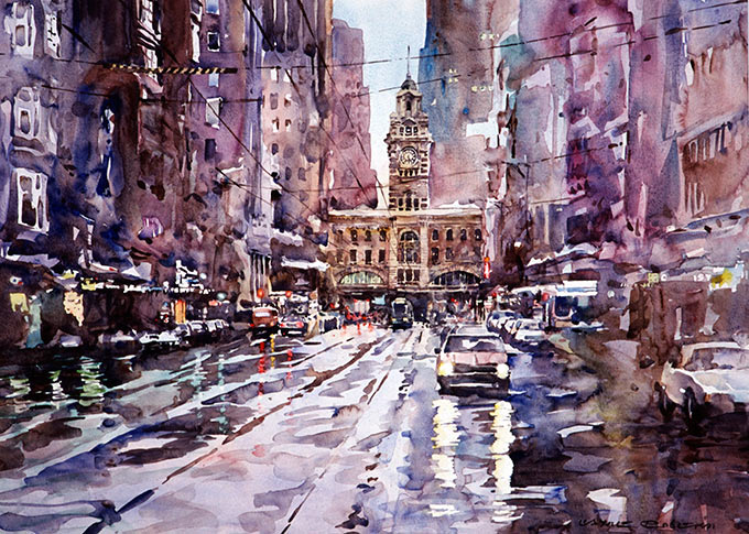 Flinders Street Melbourne, watercolor