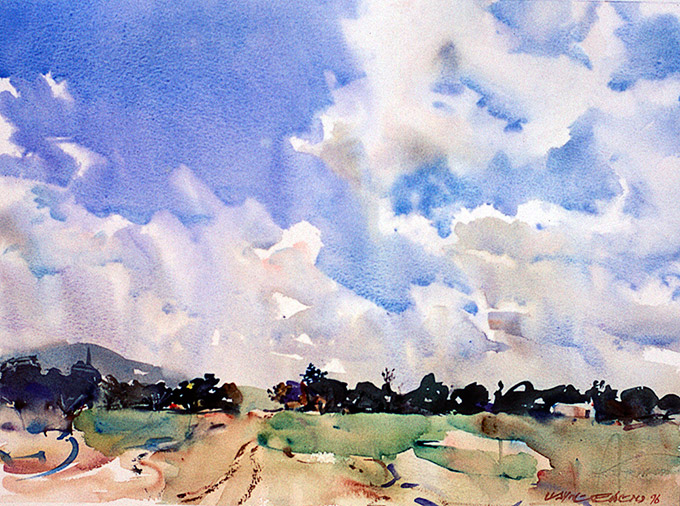 Clouds across New England, watercolour landscape by Wayne Roberts