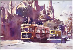 Swanston Street Trams, watercolor