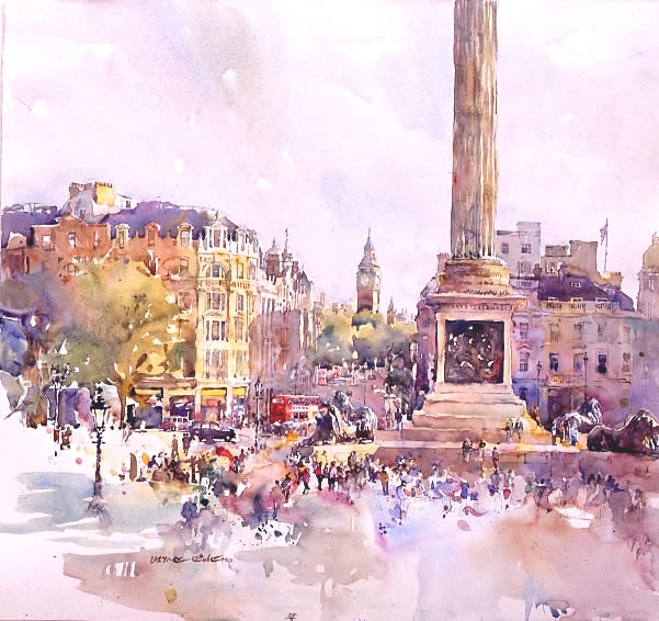 Trafalgar Square, London, watercolour by Wayne Roberts